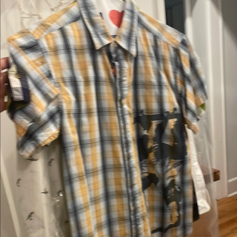 Blue and Yellow Plaid Button Down Shirt Short Sleeve